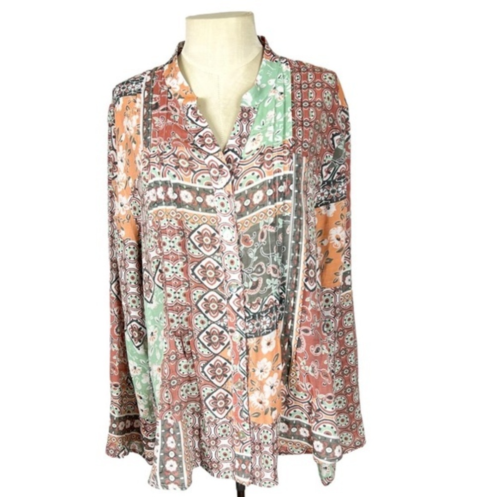 Ruby Rd Patchwork Print Y-Neck Pleat Detail‎ Roll-Tab Sleeve Button-Front XL